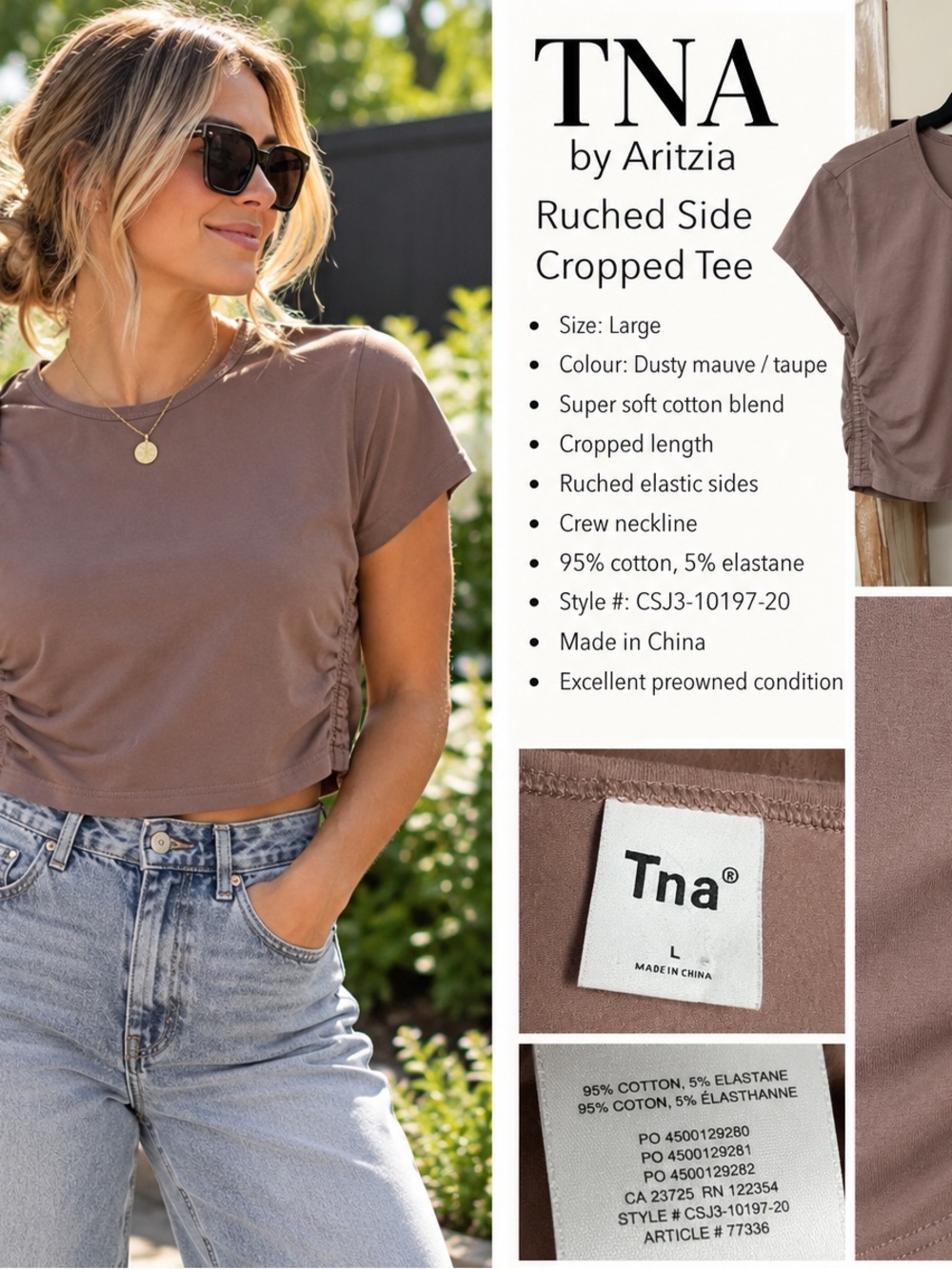 TNA Dusty Mauve/Taupe Ruched Side Crop Tee